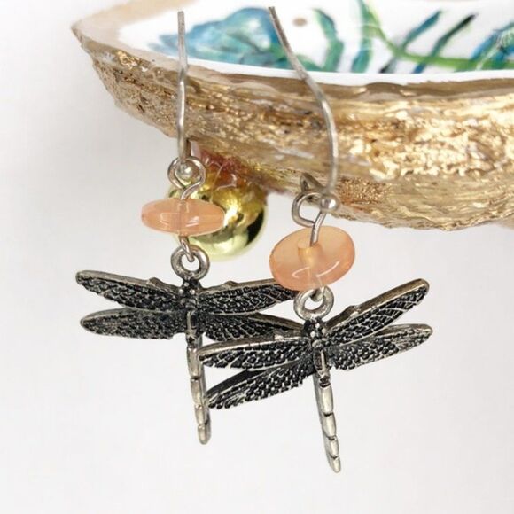 Dragonfly Dangle Fish Hook Silver Spring Nature Earrings - Picture 2 of 9